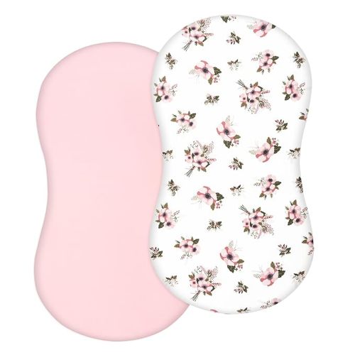 TILLYOU Cotton Fitted Bassinet Sheets for Baby Boy Girl, Fit for Halo Bassinet Swivel Sleeper, Adapt to Hourglass Bassinet Mattress Sheet, 31.5'' x 18'', 2 Pack Floral & Pink - 2 Pack Pink & Floral - Bassinet Bedding