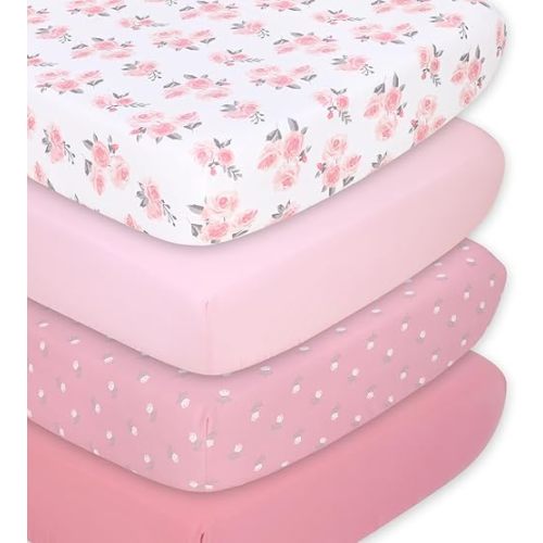 The Peanutshell 4-Pack Fitted Crib Sheet Set - Super Soft & Breathable Baby Girl Crib Sheets, Nursery Decor, Fit for Standard Crib Mattress Sheet - Pink Roses and Ditsy