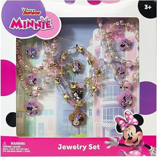 LUV HER Disney Minnie Girls Jewelry Set - Dress up Toy Jewelry Box Sets with Bead Necklace, Bead Bracelet and Ring - Play Accessories - Ages 3+