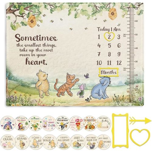 the Pooh Baby Monthly Milestone Blanket, Winnie Monthly Blanket Growth Chart, Winnie Quotes Decor with Double-Sided Printed Cardstock(16 Unforgettable Moments of Babies) 30 * 40in