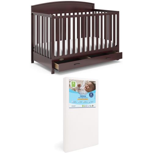 Graco Benton 5-in-1 Convertible Crib with Drawer and Premium Crib & Toddler Mattress Bundle, Espresso