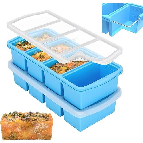 Silicone Freezer Trays with Lid,1-cup Soup Freezer Container large Ice Cube Molds with Reinforced Steel Ring Top for freezing Soup Sauce Broth Leftovers oven Dishwasher -Safe(2-Pack)