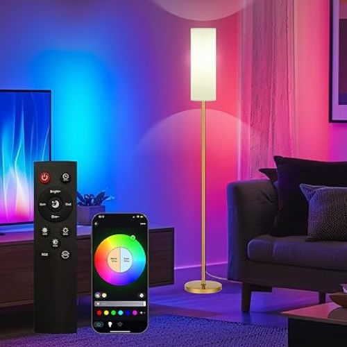Smart LED Floor Lamp with APP Control & RGB Colors - Dimmable Standing Lamp for Living Room, Bedroom, Gaming - Remote, Timer, 9W Bulb Included, 67" Modern Tall Lamp (Gold)