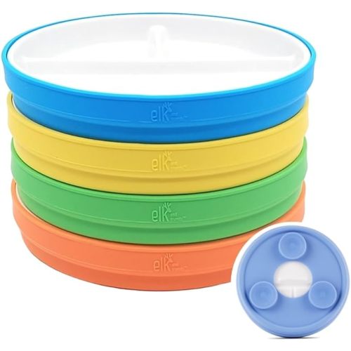 Elk and Friends Kids 6.7” Porcelain Divided Plates with Silicone Suction Sleeves | Suitable for Babies/Kids/Toddlers | Microwave & Dishwasher Safe | Non Slip | Snack Dishes
