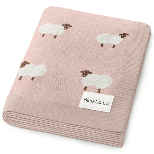 Bleu La La Luxury Knit Baby Receiving Blanket - 100% Cotton Soft Cozy Lightweight Receiving Swaddler Blanket for Shower Gift Registry for Newborns Infants Toddlers (Sheep - Light Pink)