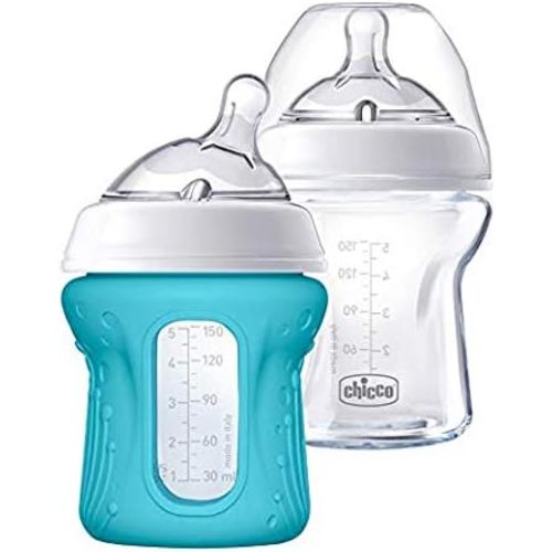 Chicco NaturalFit Glass 2 Pack Slow Flow with Bonus Silicone Sleeve, 9 Ounce, 0 Months Plus