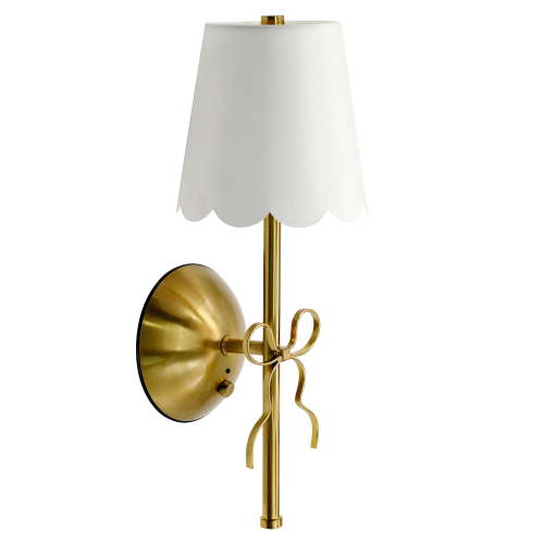 Home Decor Collection Cordless Rechargeable Brass Wall Sconce with Bow and Fabric Scallop Lamp Shade, Touch Button and Remote