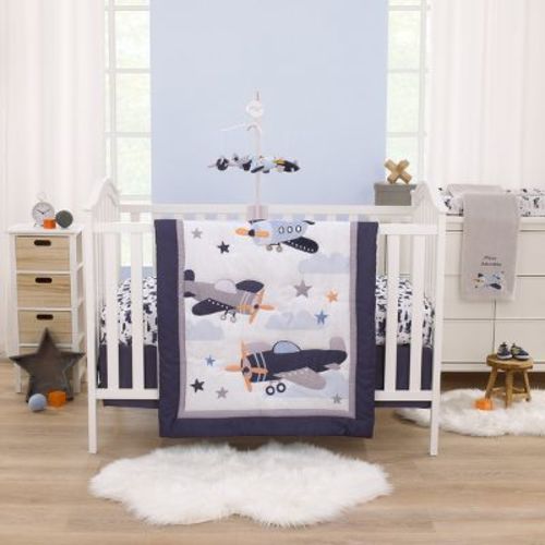 Little Love By Nojo Soar High Little One Navy, Light Blue, Orange, And White Airplanes, Clouds, And Stars 3 Piece Nursery Crib Bedding Set