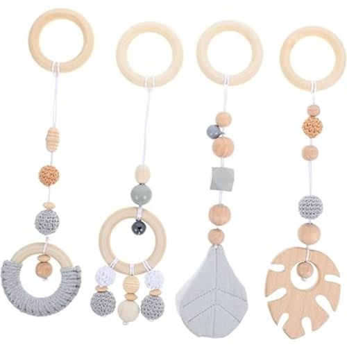 jojofuny 4pcs Leaf Toy Crib Hanging Pendants Wood Crib Pendant Wooden Hanging Pendants Wood Bed Hanging Pendant Gym Rattle Pendant Stroller Yarn Gym Rack