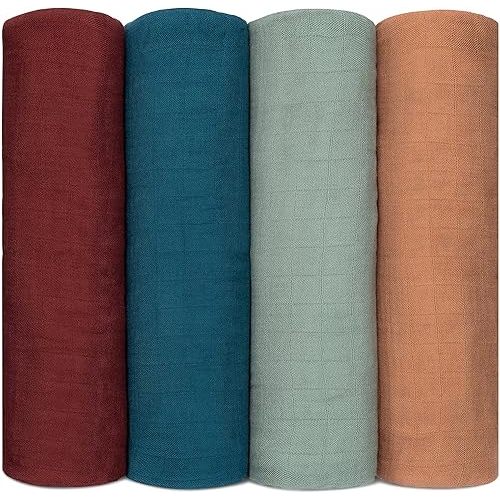 Comfy Cubs Muslin Swaddle Blankets (Pack of 4) - 119 x 119 cm, Soft Cotton Baby Blanket Set, Large Swaddling Wraps for Newborns - Self-Soothing Baby Swaddle - (Wine, Neptune, Fern, Caramel)