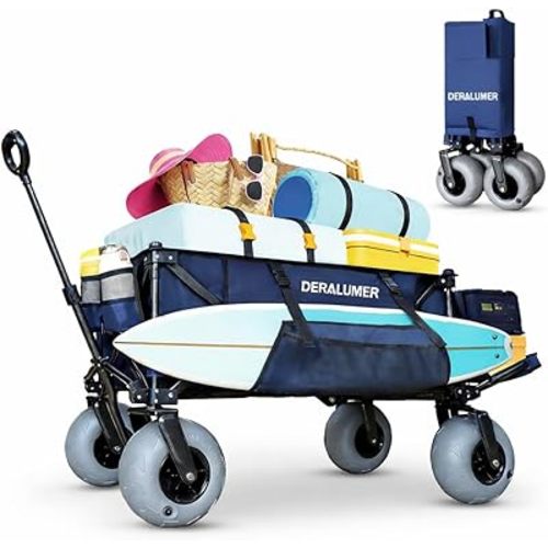 X900 Beach Wagon with 9×4" Big Balloon Wheels for Sand, 48" Heavy Duty Folding Wagon with Expandable Tailgate & Side Bag, Collapsible Utility Cart for Beach, Camping, Fishing (Navy Blue)