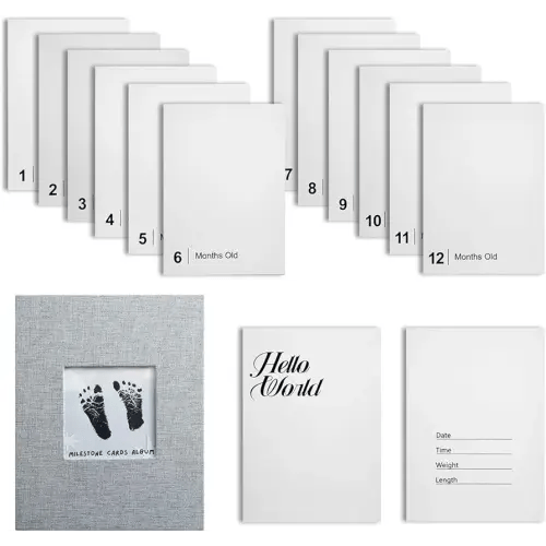 14 Pieces Baby Inkless Milestone Cards,1 Month to 12 Month Hand and Footprint Kit,Dog or Cat Pet Paw Print Kit, Newborn Sign Memory Kit-14 Ink Pad+14 Papers-(Gift Box + Album)