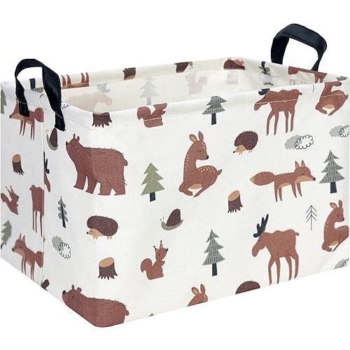 CLOCOR Rectangular Storage Basket,Collapsible Fabric Storage Container,Waterproof Toy Bin with Handles,Gift Basket(Brown Animals)