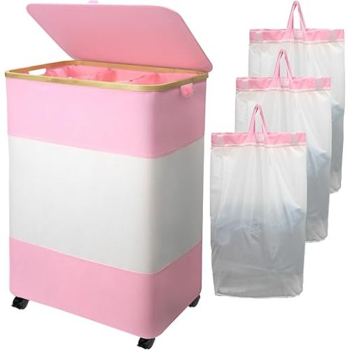 150L Laundry Hamper 3 Section, Large Divided Laundry Basket with Wheels and Lid, Tall Dirty Clothes Hamper with Bamboo Handles and 3 Removable Bag for Bedroom, College Dorm, Bathroom, Pink