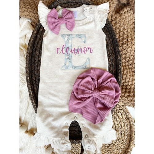 Personalized Baby Girl Outfit | Oatmeal Flutter Sleeve Ruffle Romper F – Wonderfully Made