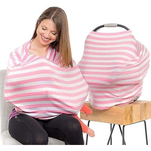 Car Seat Covers for Babies - Stretchy, Lightweight, and Extra Soft Nursing Cover - Multiuse - Covers Carseat, High Chairs, Shopping Carts - Bonus Infant Baby Beanie and Bag (Pink and White)