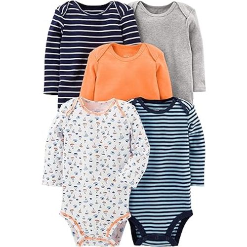 Simple Joys by Carter's Unisex Babies' Long-Sleeve Bodysuit - 0-3 Months - Blue/Grey Heather/Navy Stripe/Orange/White Sailboats