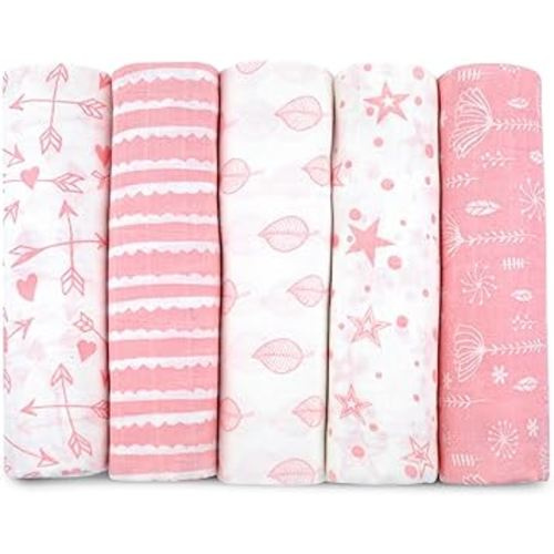 Muslin Swaddle Blankets for Newborn, 5 Pack Receiving Blanket, Muslin Blanket Swaddles Wrap for Girls, Baby Essentials, 47x47 Inches Large Size, 100% Cotton, Pink