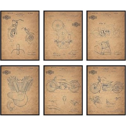 BigWig Prints - Vintage Harley Davidson Motorcycle Patents, Collectible Motorcycle Wall Art, Harley Davidson Decor Pictures, Home Wall Decorations - Set Of 6 (8x10) Unframed