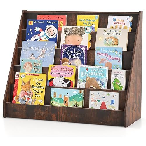 KOTEK 5-Tier Kids Bookshelf, Wooden Floor Display Shelf for Books and Magazines, Toddler Bookcase, Montessori Book Shelf for Kids Room, Daycare, Preschool, Classroom (Rustic Brown)