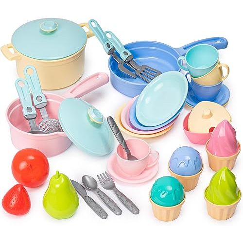 TECHNOK Kids Play Kitchen Accessories - 49 Pcs Play Dishes Cookware Set - Large Toy Pots and Pans for Kids Kitchen Pretend Dishes - Play Food Set - Cooking Utensils - Toy Cooking Set for Girls Boys 3+