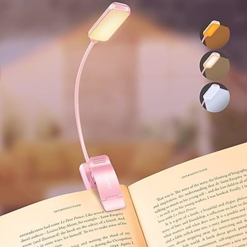 Gritin 9 LED Rechargeable Book Light for Reading in Bed - Eye Caring 3 Color Temperatures,Stepless Dimming Brightness,80 Hrs Runtime Small Lightweight Clip On Book Reading Light for Studying-Pink