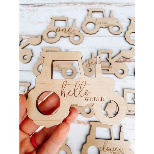 Baby Monthly Milestone Photo Props, Wooden Tractor Design, Set of 7 Pieces, 4.5 inch, First Year Growth Tracker