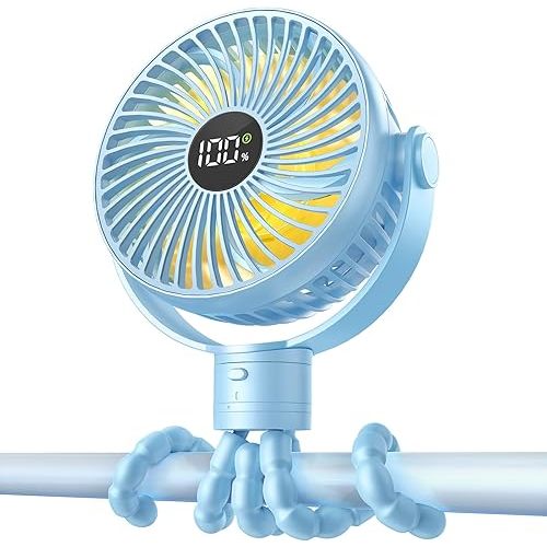 Portable Stroller Fan, 4000mAh Rechargeable Clip on Baby Fan 25H Battery Life, Head Detachable 360° Rotate Mini Fans, 4 Speed Personal Fans with Night Light for Car Seat Crib Bike Treadmill, Blue