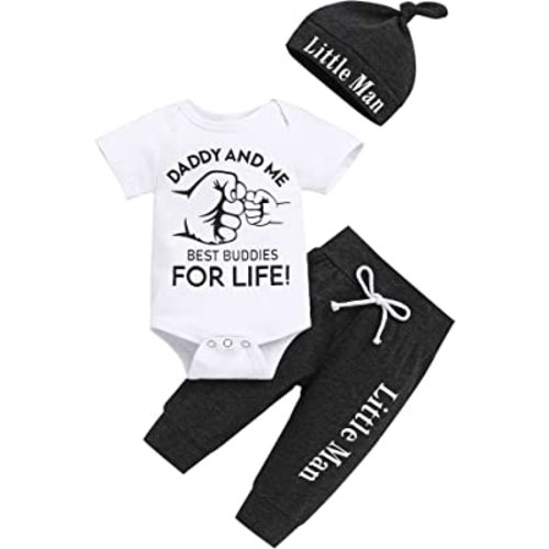 TUEMOS Newborn Infant Baby Boy Clothes Letter Print Romper Pants Set Hat 3PC Outfits Set
