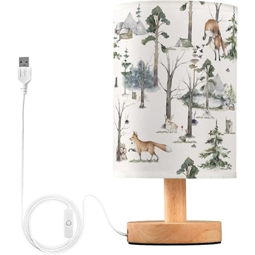 Table Lamp Watercolor Woodland Animal Pattern Fox Rabbit Hedgehog Bird Nightstand Lamp with Wood Base Fabric Lamp Shade Bedside Desk Lamp for Living Room Bedroom Kids Room Office