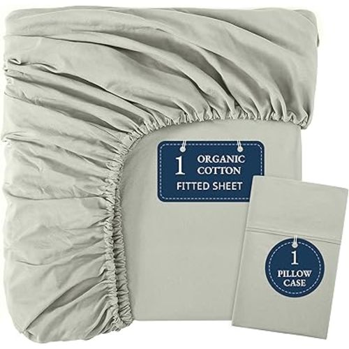 LANE LINEN 100% Organic Cotton Twin Fitted Sheet & Pillowcase Set, Percale Weave, Breathable, Fits Mattress Up To 15" Deep - Mineral