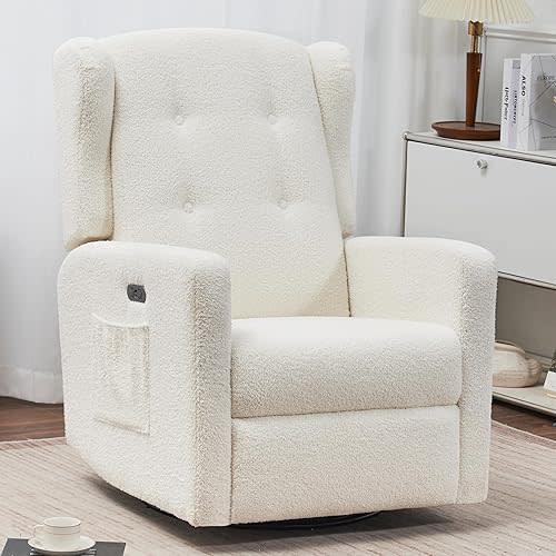 Power Swivel Rocking Recliner Chair, Electric Rocker Nursery Glider Chair, USB and Type-C Ports, Upholstered Teddy Fabric Reclining Single Sofa Chair for Living Room (Teddy Beige)