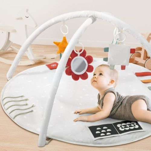 Baby Play Gym & Tummy Time Mat - Soft Cotton Mat with 6 Toys for Boys/Girls - Stylish Activity Playmat for Infant Development & Playroom Decor