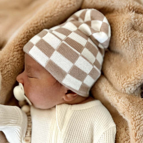 Baby's First Hat, Tan/Warm White Checkerboard