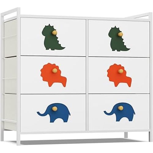 FRAPOW Kids Dresser for Bedroom, Baby Dresser with 6 Fabric Drawers Tall Storage Organizer for Toddler Child with Wood Top Metal Frame for Living Room, Nursery, Closet, Apartment