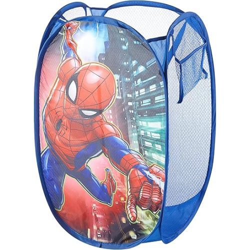 Marvel Spider-Man Pop-Up Hamper for Kids,Red Collapsible Laundry Basket with Durable Carry Handles,21" H x 13.5" W x 13.5" L,Lightweight & Portable