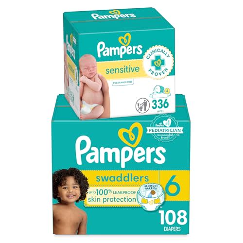 Pampers Swaddlers Disposable Baby Diapers Size 6, One Month Supply (108 Count) with Sensitive Water Based Baby Wipes 4X Pop-Top Packs (336 Count) [Packaging May Vary]