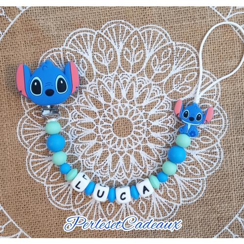 Personalized pacifier clip Stitch blue baby birth gift. Mam.
