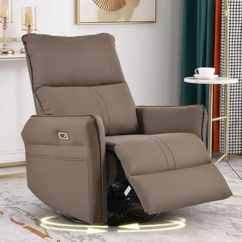 Swivel Rocker Recliner, Power Glider Recliner, 270° Swivel Recliner Chair for Living Room, Small Rocker Recliner, Overstuffed Faux Leather Rocking Recliner, Brown