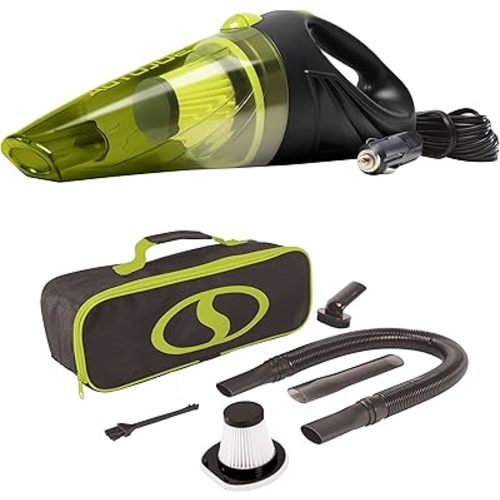 ATJ-V501 12-Volt Portable Car Vacuum Cleaner w/16-Foot Cable, Interior Auto Detailing Accessory Kit, HEPA Filter x2 and Storage Bag, Green