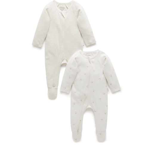 White Vanilla Bear 2 Pack Zip Growsuit - Baby Growsuits - Purebaby - Purebaby