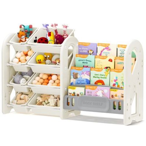 SUGIFT Kids Toy Organizer and Bookshelf, 2-in-1 Storage Shelf with 9 Bins & 4 Book Slots, BPA-Free Plastic for Nursery & Playroom