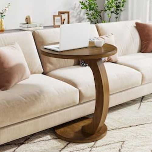 Brown Round Engineered Wood End Table with C-Shaped Design