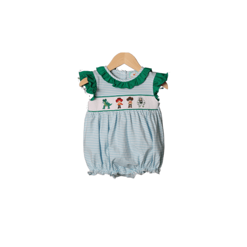 Smocked Friends Blue Stripe/Green Ruffle Bubble