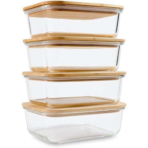 Glass Food Storage Containers with Bamboo Lids (4-Pack, 36oz) Airtight, Leakproof, BPA-Free Borosilicate Glass Meal Prep Containers – Eco-Friendly, Oven/Microwave/Freezer Safe-Plastic-Free & Reusable