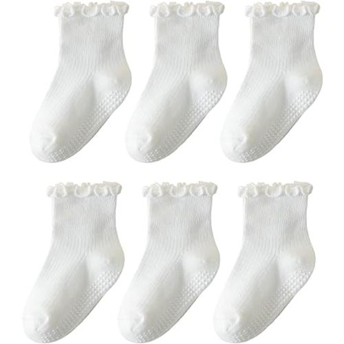 6 Pairs Toddler Ruffle Socks for Girls - Baby Grip Socks with Non-Slip, Cute Grippy Frilly Design