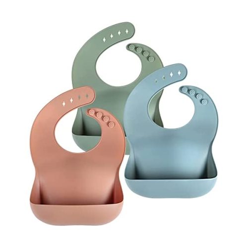 PandaEar Silicone Baby Bibs Set of 3 for Babies & Toddlers, BPA Free Waterproof Adjustable Feeding Bib with Large Pocket Food Catcher