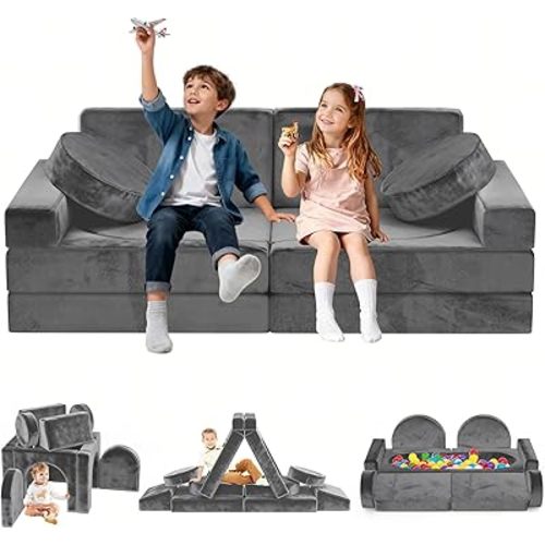 12pcs Modular Kids Play Couch - CPC Certified Convertible Toddler Sectional Sofa, Washable Durable Foam Floor Cushion for Kids Playroom (Play Fort/Castle)