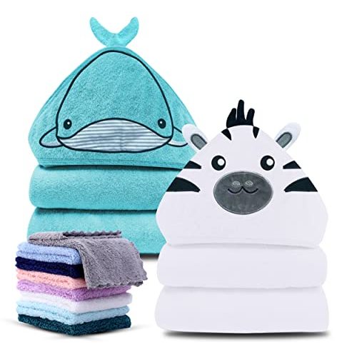 Cute Castle 2 Pack Hooded Baby Towel Rayon Made from Bamboo with 8 Washcloths - Soft Bath Towel for Bathtub for Babie, Newborn, Infant, Natural Baby Stuff Towel (Zebra and Whale)