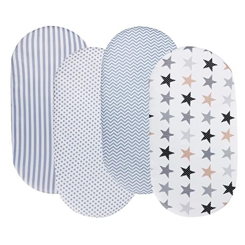 Onacosht Bassinet Sheets for Baby Boy and Girl, Stretchy Breathable Fitted Sheet Universal for Bassinet Cradle Hourglass Oval Rectangle Pad/Mattress, 4 Pack Stripes Dots Chevrons and Stars